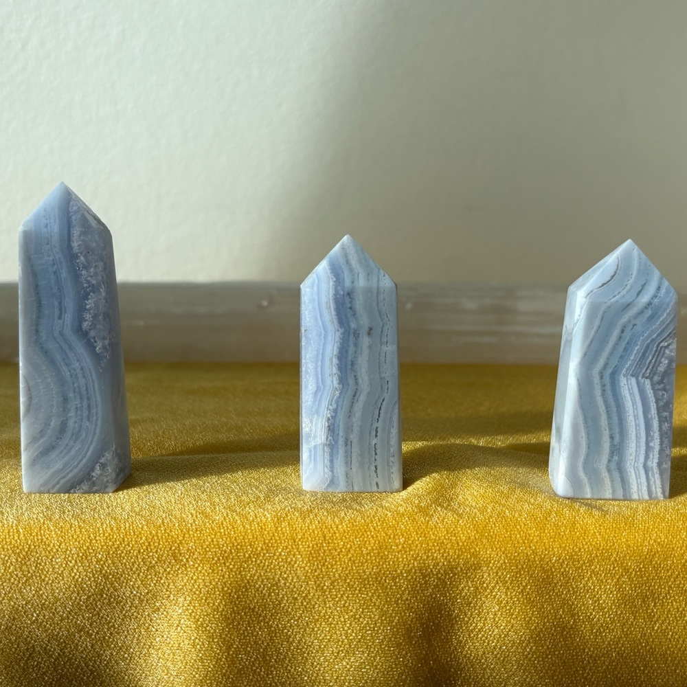 Elegant Blue Agate Crystal Obelisk Set